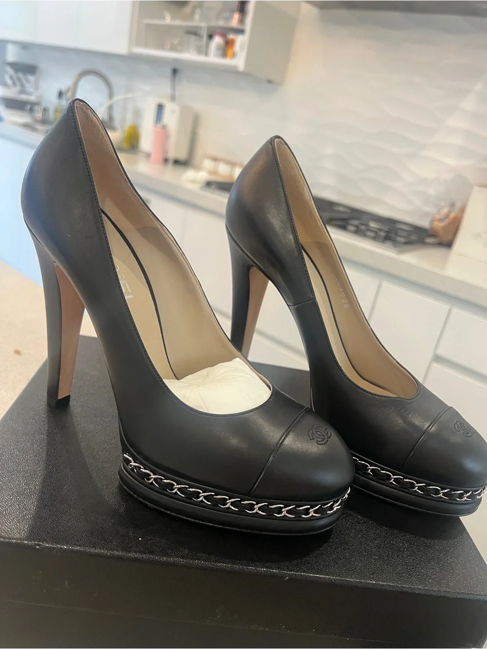 CHANEL Black Leather Cap-Toe Chain Platform Pumps